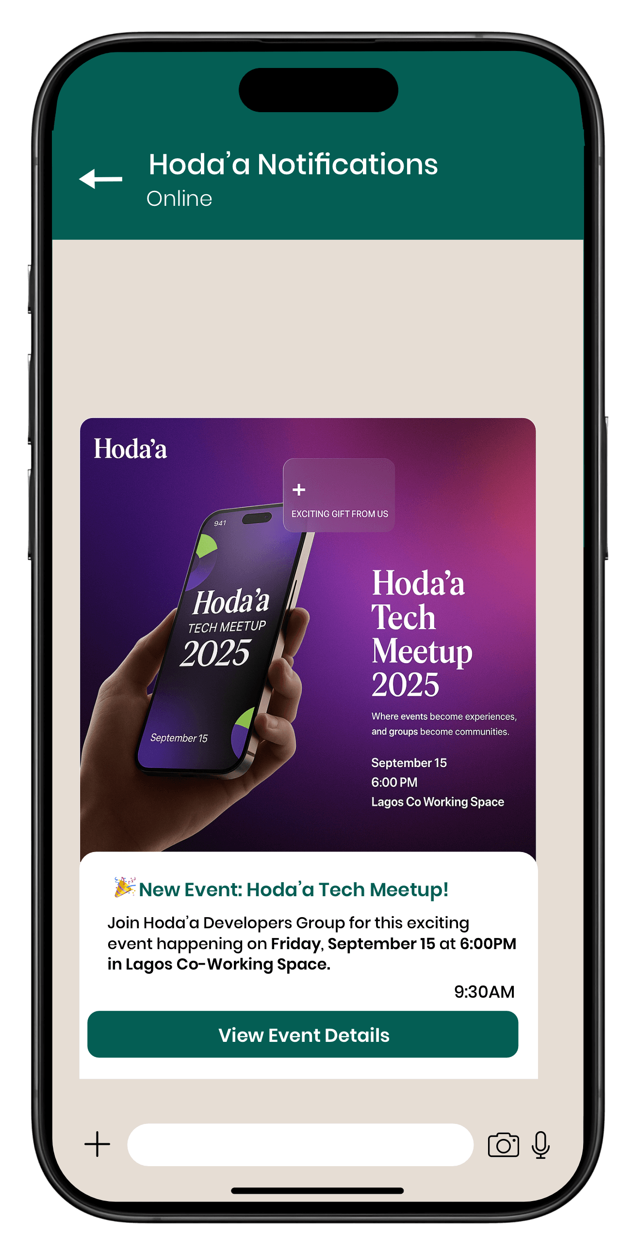 WhatsApp event marketing example showing how Hoda'a sends targeted event notifications